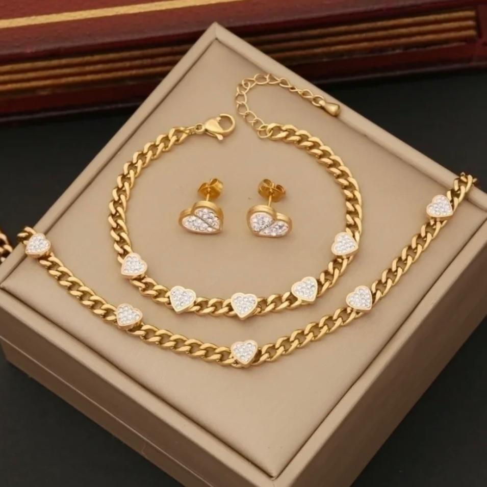 Zirkon-Herz-Schmuckset | Edelstahl (Halskette, Ohrringe, Armband) 
