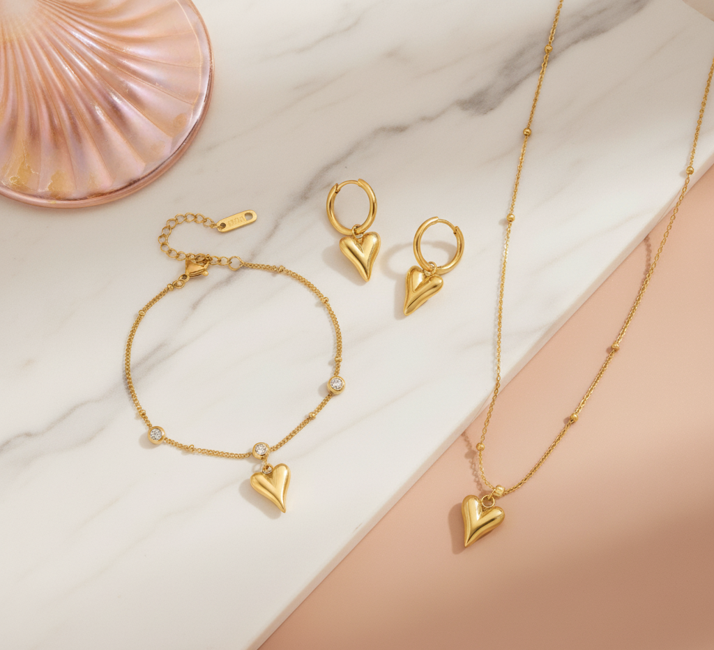 Ensemble de bijoux classique en forme de cœur en zircon | Acier titane plaqué or 18 carats