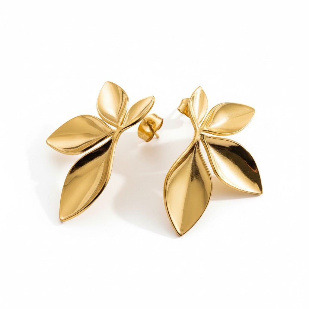 18k Gold Plated 304 Stainless Steel Earrings with Flower & Ginkgo Leaf Design