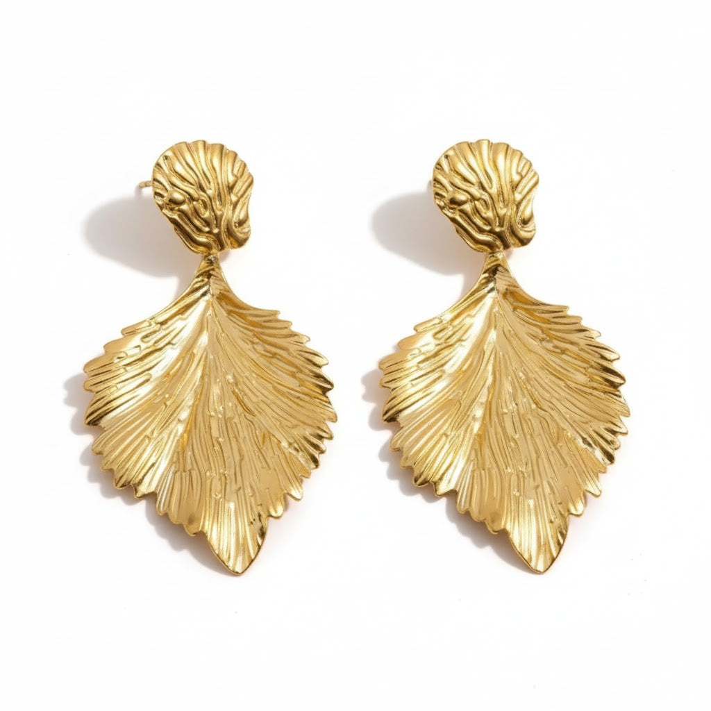 18k Gold Plated 304 Stainless Steel Earrings with Flower & Ginkgo Leaf Design