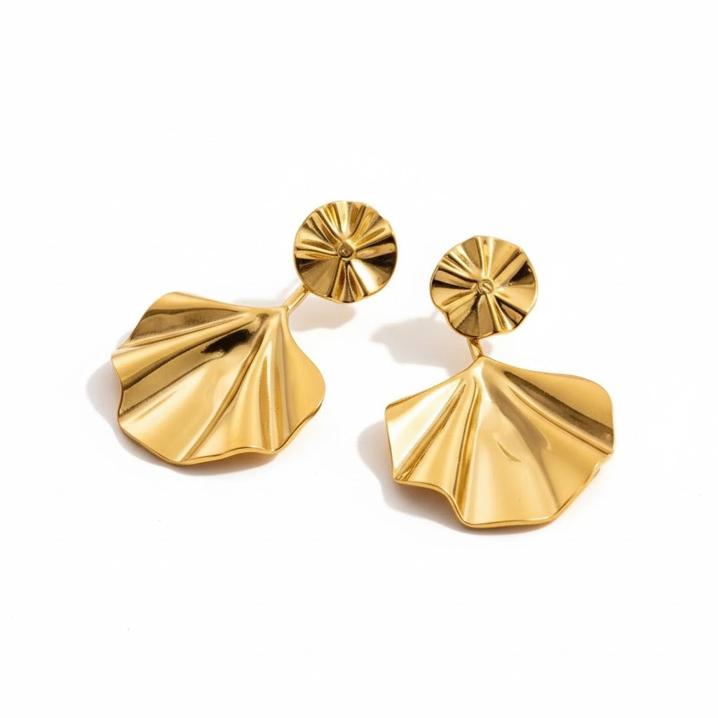 18k Gold Plated 304 Stainless Steel Earrings with Flower & Ginkgo Leaf Design